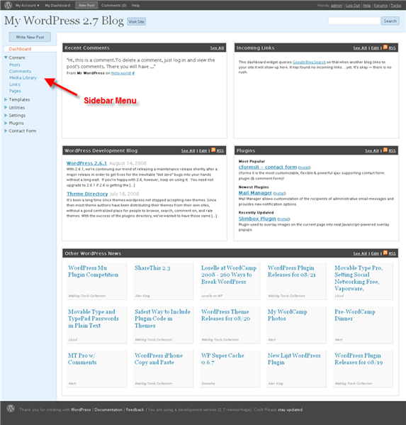 WordPress 2.7 Dashboard