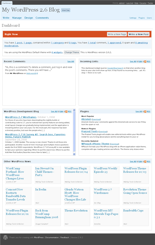 WordPress 2.6.2 Dashboard
