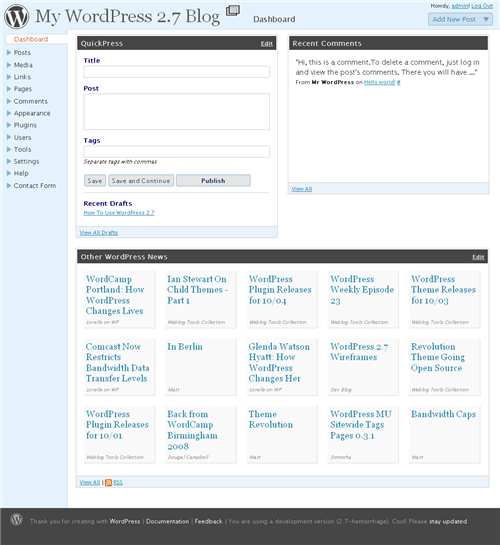 WordPress 2.7 Hemorrhage Dashboard